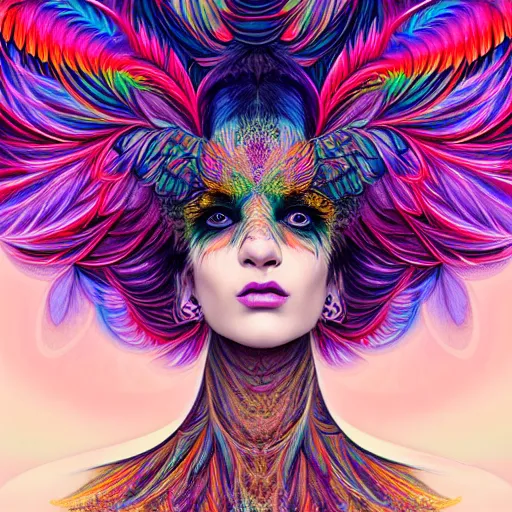 Image similar to extremely psychedelic portrait of a girl transforming into a feathered bird, covered in feathers, wings, flying, surreal, fantasy, intricate, elegant, dramatic lighting, emotional, symbolic metaphor, highly detailed, lifelike, photorealistic, digital painting, artstation, concept art, smooth, sharp focus, illustration, art by John Collier and Krenz Cushart and Artem Demura and Alphonse Mucha and Albert Aublet