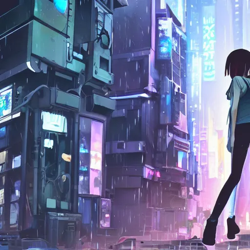 Image similar to android mechanical cyborg girl in overcrowded urban dystopia raining makoto shinkai wide angle