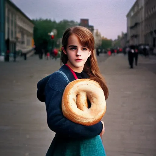 Image similar to photo of teenage emma watson as schoolgirl, holding string bag with bagels, street of moscow, shallow depth of field, cinematic, 8 0 mm, f 1. 8