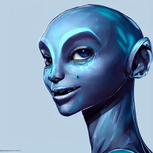 Prompt: antrophomorphic blue alien girl, intricate, highly detailed, digital painting, artstation, oppressive lighting, fashion concept art, sharp focus, illustration