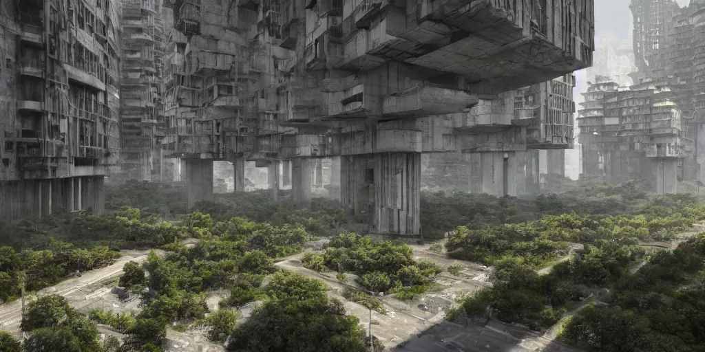 Image similar to An abandoned expansive brutalist city made of concrete:: overgrown by green plants and lit by sunlight:: Beautiful lighting:: highly detailed digital art, trending on Artstation::