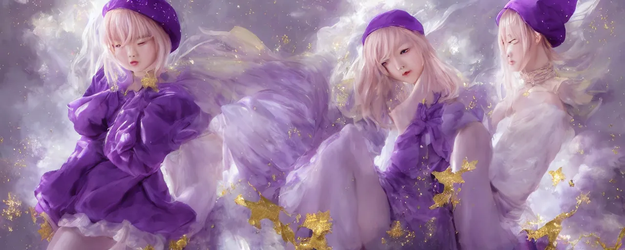 Image similar to Full View of a mysterious kpop fairy maidens with short blond hair wearing an oversized purple Beret, Baggy Purple overall shorts, Short Puffy pants made of silk, silk shoes, a big billowy scarf, Golden Ribbons, white leggings Covered in stars. Short Hair. peasant magic. masterpiece 4k digital illustration by Ruan Jia and Mandy Jurgens and Artgerm and william-adolphe bouguereau, award winning, Artstation, art nouveau aesthetic, Alphonse Mucha background, intricate details, realistic, panoramic view, Hyperdetailed, 8k resolution, intricate art nouveau, smooth, sharp focus