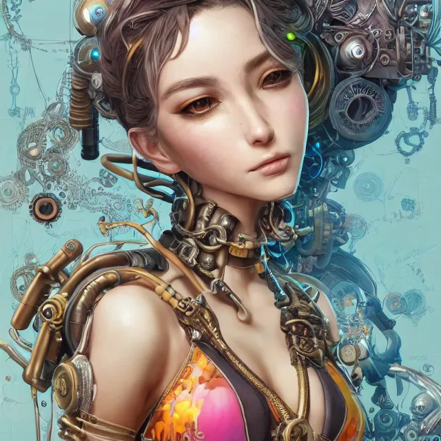 Image similar to the portrait of true neutral semi - colorful female steampunk cyborg mechanist as absurdly beautiful, gorgeous, elegant, young swimsuit model, an ultrafine hyperdetailed illustration by kim jung gi, irakli nadar, intricate linework, bright colors, octopath traveler, final fantasy, unreal engine 5 highly rendered, global illumination, radiant light, detailed and intricate environment