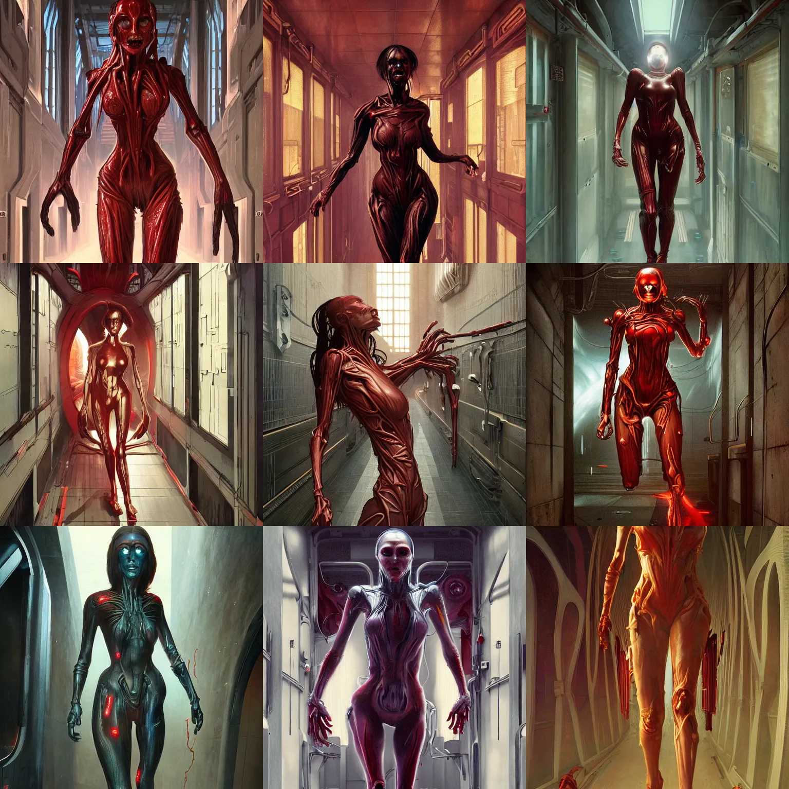 Prompt: A frightened woman wearing a futuristic bodysuit, running down a corridor of made of sinewy red flesh, science fiction, horror, digital painting, detailed background, detailed face, Greg Rutkowski, Artgerm, Alphonse Mucha, H.R. Giger