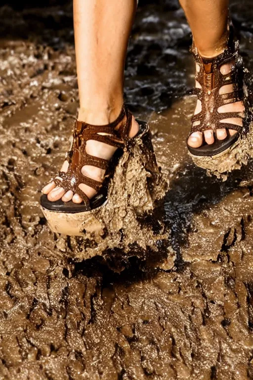 Image similar to extreme close up of huge platform sandals walking trough mud