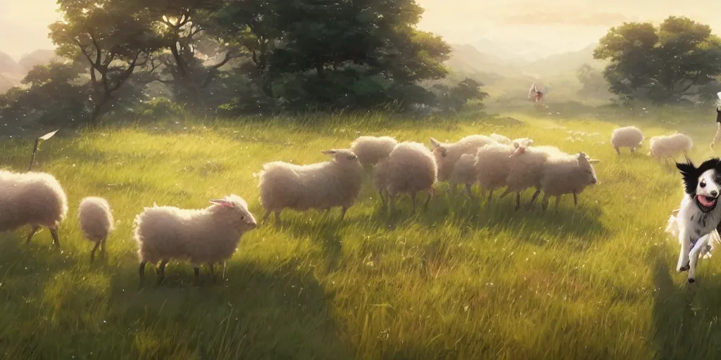 Prompt: border collie chasing sheep on feld. nime key visual of luffy studio lit directed gaze, trending on pixiv fanbox, painted by greg rutkowski makoto shinkai takashi takeuchi studio ghibli