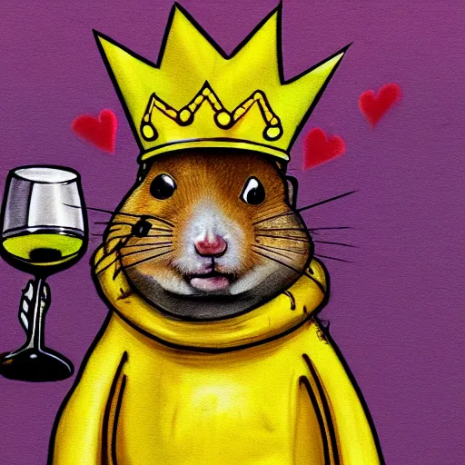 Prompt: a graffiti of a hamster wearing a golden crown and holding a glas of wine, by swiftmantis