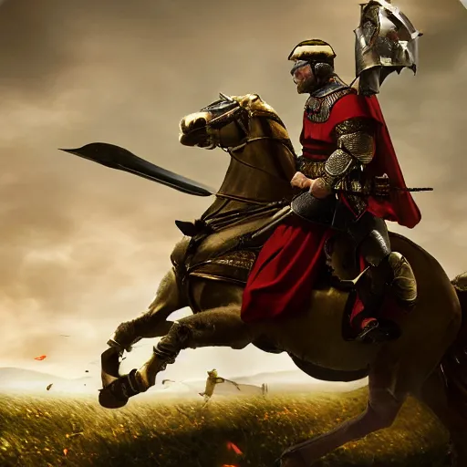 Prompt: a hero from the war of the roses riding an armored horse into battle with a lance and shield, epic, glory, high detail cinematic lighting