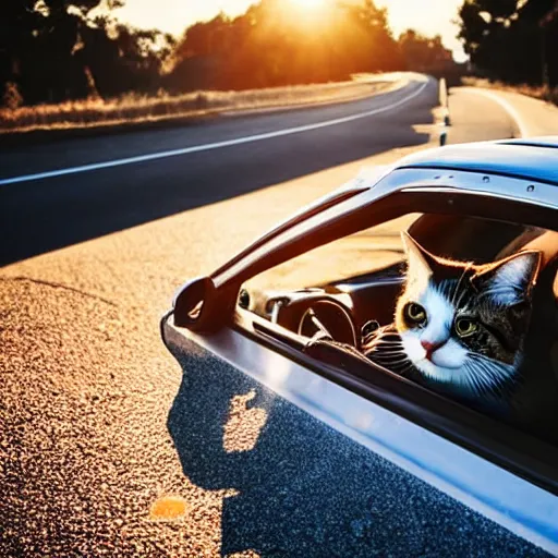 Prompt: convertible on road, cat homies chilling in convertible, paws on steering wheel, paw hanging out of window, golden hour, clear sky, unobstructed road