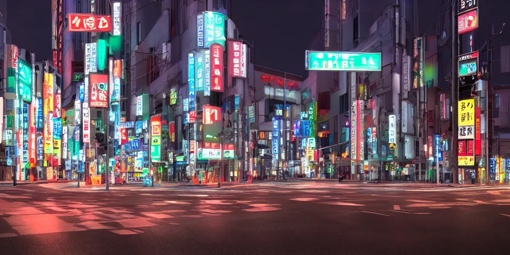 Image similar to HDRI panorama, Tokyo at night, neon lights, street signs, street lights, traffic lights, featured on artstation