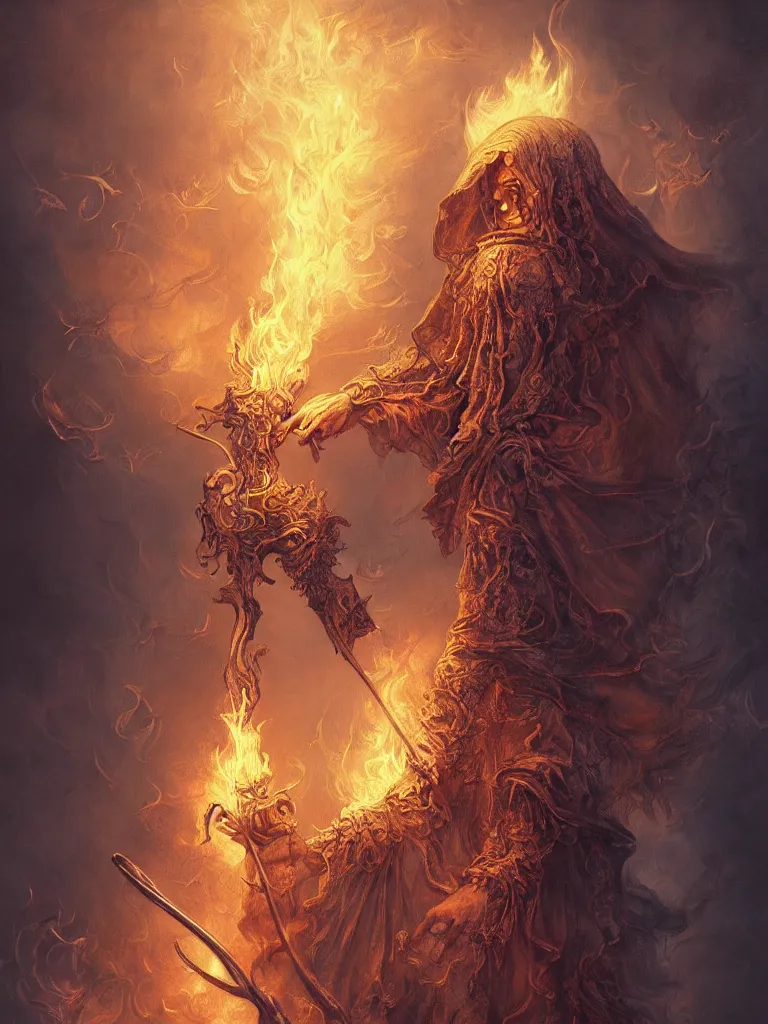 Prompt: breathtaking detailed soft painting of grim reaper with an intricate cloak of fireflies and flameches, rembrandt style golden scythe blade, christian saint, detailed stained glass of flames background, elegant, highly detailed, artstation, concept art, matte, sharp focus, art by Tom Bagshaw, Artgerm and Greg Rutkowski