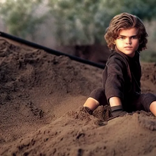 Prompt: still of young Anakin Skywalker playing in a sandbox