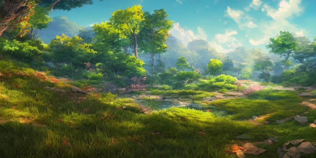 Image similar to beautiful nature environment from genshin impact, in - game rendering, cell - shaded, in game screenshot, beautiful colors, 8 k, detailed, award winning, unreal engine 5, stylized, popular on artstation, by a famous game concept artist, anime style, nostalgic