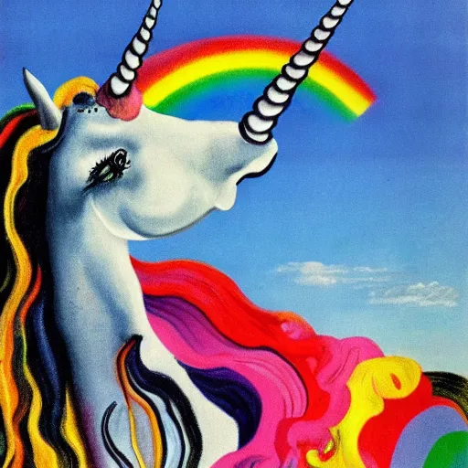 Image similar to A unicorn with rainbow color by Salvador Dali