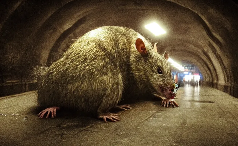 Image similar to very large giant mutant zombie rat with cancer in tonnel of moscow metro. extreme high detail. low dark light, scary atmosphere.