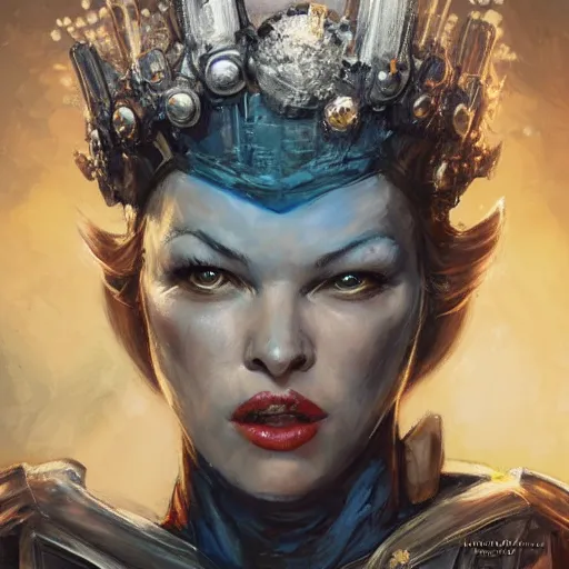 Image similar to mister freeze as an attractive young smiling woman played by milla jovovich wearing a mushroom crown and heavy armoured wedding dress, face portrait, hd shot, digital portrait, elegant, beautiful, fantasy art, artstation, comic style, by artgerm, guy denning, jakub rozalski, magali villeneuve and charlie bowater