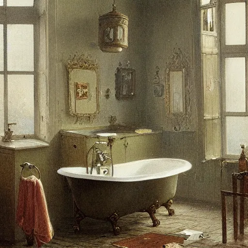 Image similar to detailed painting of a busy bathroom, filigree ornaments, fog, andreas achenbach,