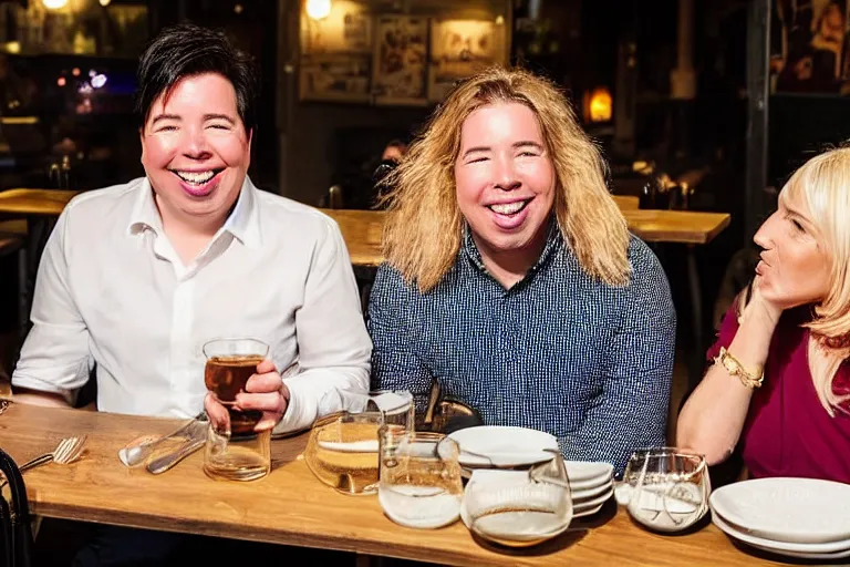 Image similar to portait of michael mcintyre and middle aged blonde woman with short hair and a blonde woman with long hair having dinner at sunday in brooklyn restaurant