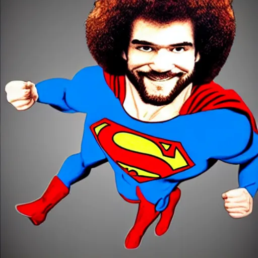 Image similar to bob ross as superman, realistic