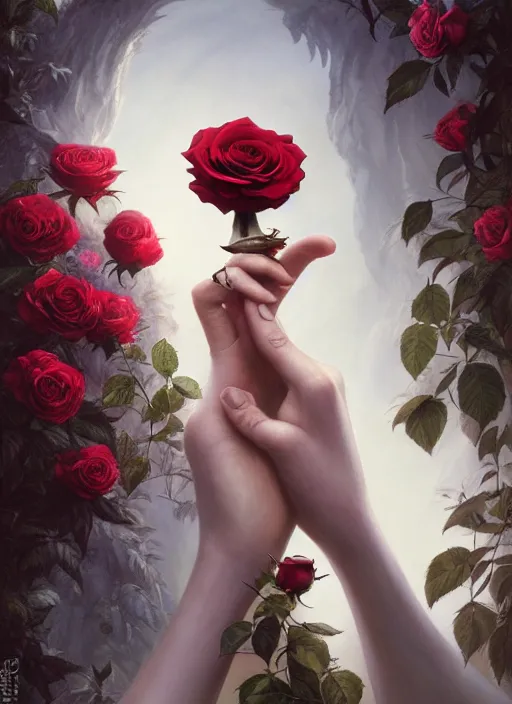 Image similar to a bird with hands holds a rose, hyperrealism, no blur, 4 k resolution, ultra detailed, style of tyler edlin, tom bagshaw, arthur rackham, ivan shishkin