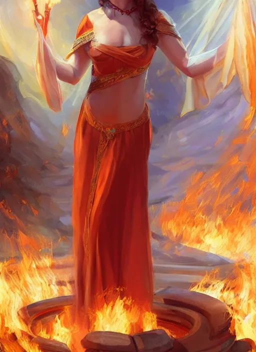 Prompt: Portrait of a beautiful priestess from the oracle of Delphi, looking into the flames, greek mythology, in the style of Julia Ustinovich, digital art, Vladimir Volegov