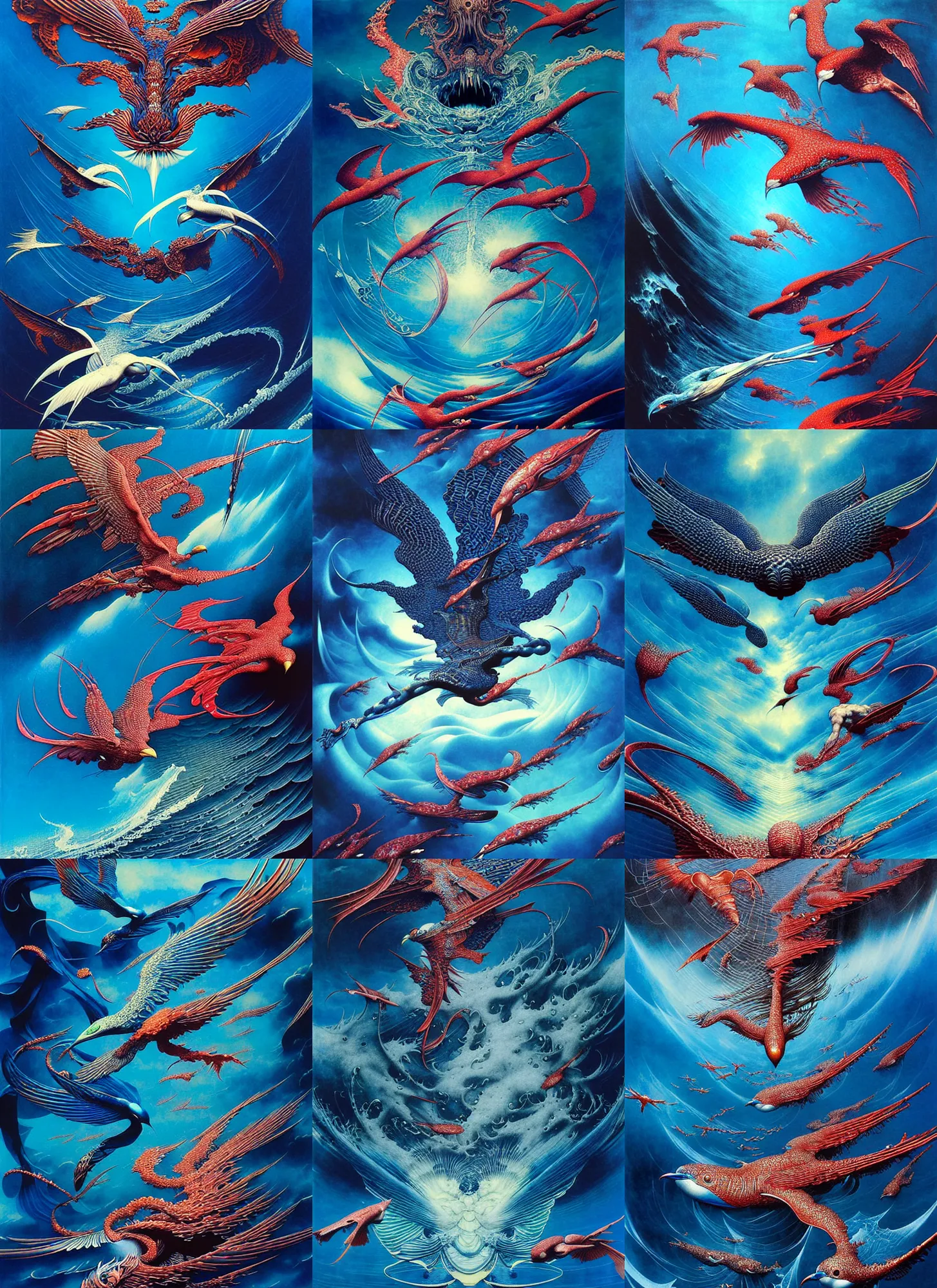 Prompt: detailed image of birds flying in the deep ocean by Ayami Kojima, Amano, Karol Bak, Greg Hildebrandt, and Mark Brooks, rich deep blue ocean colors. Beksinski painting, part by Adrian Ghenie and Gerhard Richter. art by Takato Yamamoto. masterpiece . intricate artwork by Tooth Wu and wlop and beeple, greg rutkowski, very coherent symmetrical artwork, cinematic, hyper realism, high detail, octane render, unreal engine, 8k, Vibrant colors, Smooth gradients, High contrast, depth of field. by Katsuhiro Otomo, full body character drawing, inspired by Evangeleon, clean ink detailed line drawing, intricate detail, extremely detailed. painting by Arthur Rackham, Eugene de Blaas, Frederic Leighton