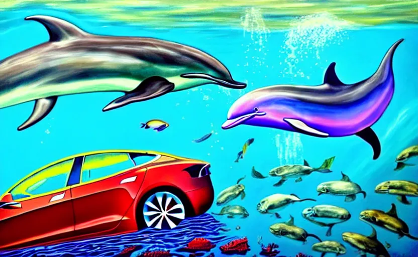 Image similar to a surreal colourful painting of a tesla car underwater surrounded by dolphins