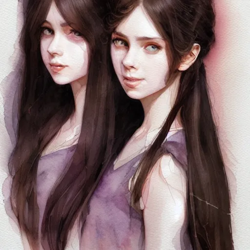 Prompt: a highly detailed portrait of sisters with purpure very very long hair, artstation, watercolor, highly detailed, portrait, by krenz cushart