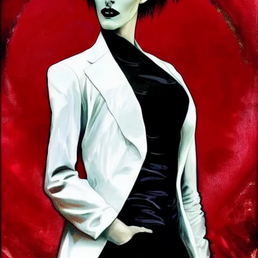 Image similar to stunning portrait of androgynous ruby rose as desire from sandman in a white tuxedo!!!, rockabilly style, by frank moth, by alphonse mucha, by jeremy mann, by peter lindbergh, dave mckean, white suit and black tie, soft lightning, high detailed, 8 k