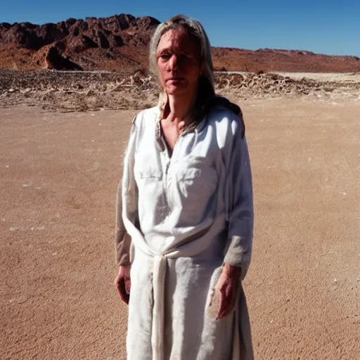 Image similar to a woman made of salt, standing in the desert