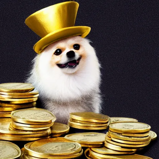 Image similar to A pomeranian wearing a top-hat and a monocle, sitting on top of a large pile of gold coins