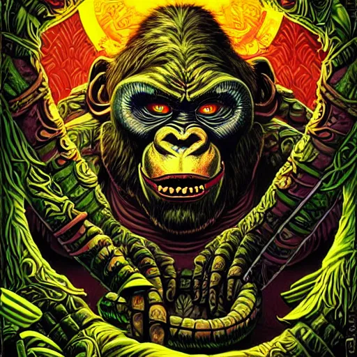 Image similar to barong family member, wiwek, mara demon, one single tribe member, jungle, one single mask, dark, ancient warrior, gorilla, lizard, tribal, inner glow, art by dan mumford and justin gerard