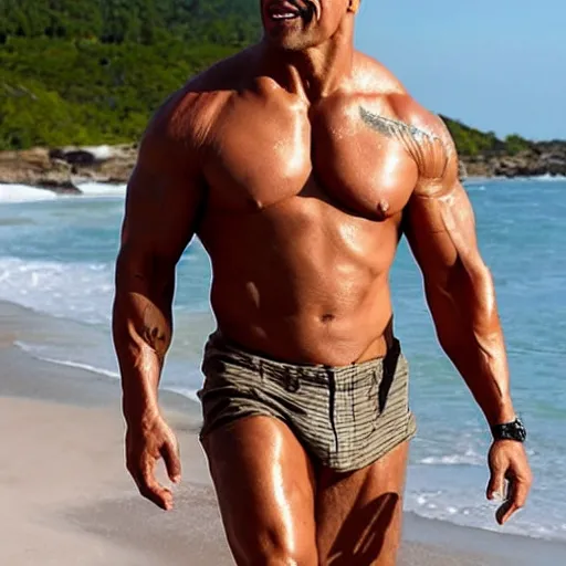 Image similar to photo of Dwayne Johnson in bikini on beach