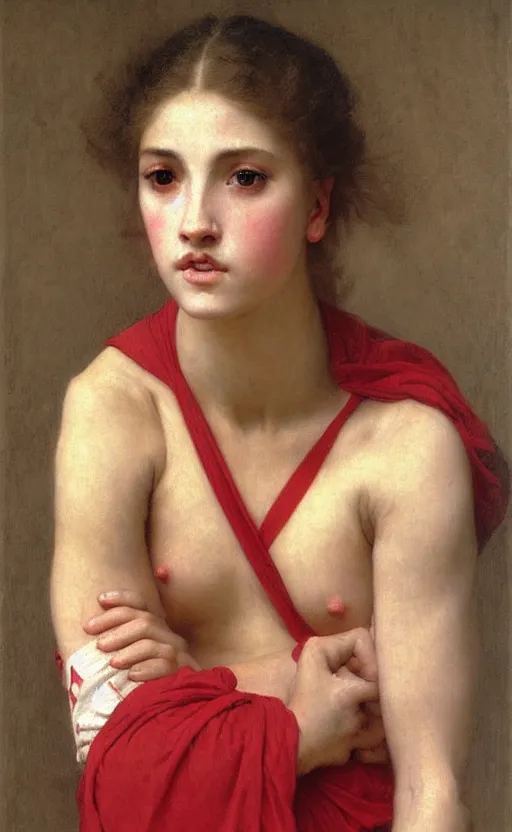 Prompt: portrait of athletic livid girl, red and white peplos , hd, realistic, bouguereau