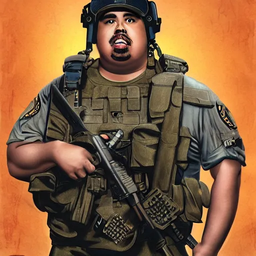 Prompt: Gabriel Iglesias as a navy SEAL, high resolution fantasy concept art, intricate details, realistic, soft lighting