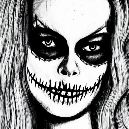 Prompt: grunge drawing of margot robbie in the style of jack skellington