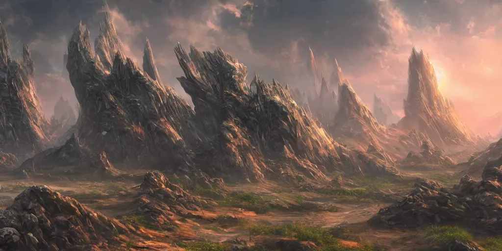 Image similar to stunning fantasy landscape, alien world, very detailed, 8k, trending on artstation