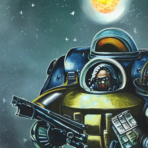 Image similar to space marine, solarpunk, studio style, pulp science fiction illustration