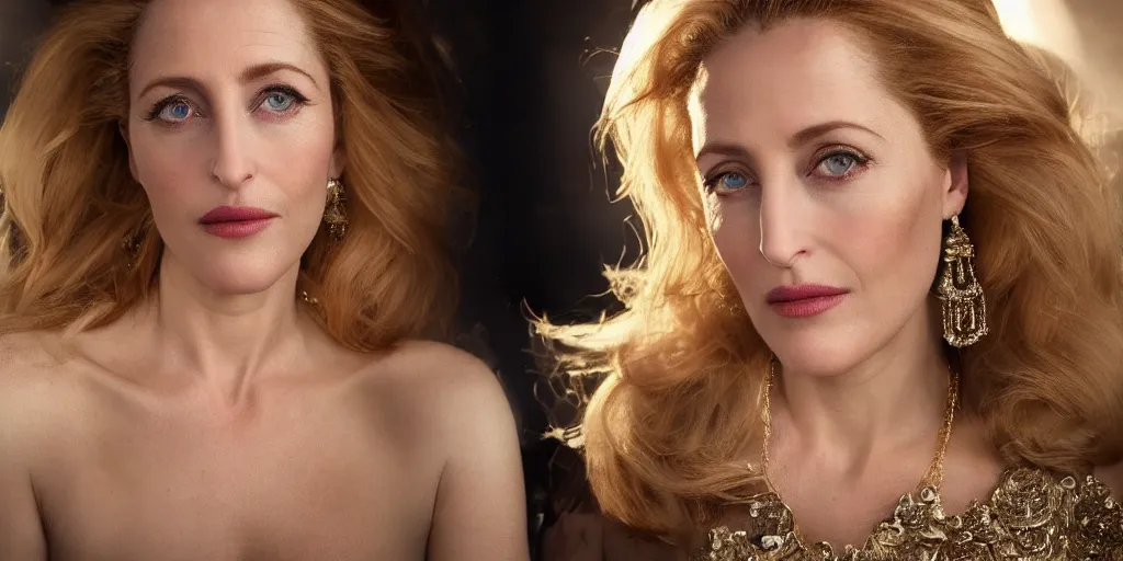 Image similar to gorgeously dreamlike beautiful face Gillian Anderson, hair updo, balayage, natural make-up, luxurious ornate golden jewelry, earrings, low cut dress, dynamic lighting, award winning photo shoot, intricately detailed, glimmering, shining, photo realistic, cinematic, volumetric lighting, fashion portrait, 8K UHD