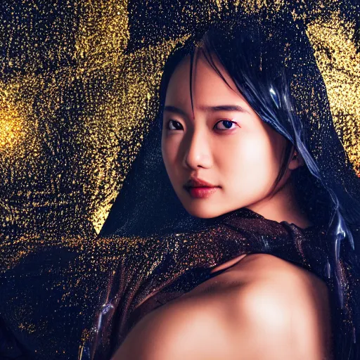 Image similar to filmstill photography of asian female body covered with wet black translucent blanket acrylic liquid colors, luxurious supermodel photoshooting, golden jewelry, bokeh, godrays, strong wind, wrinkles, sunrays, sunset, strong lens flares