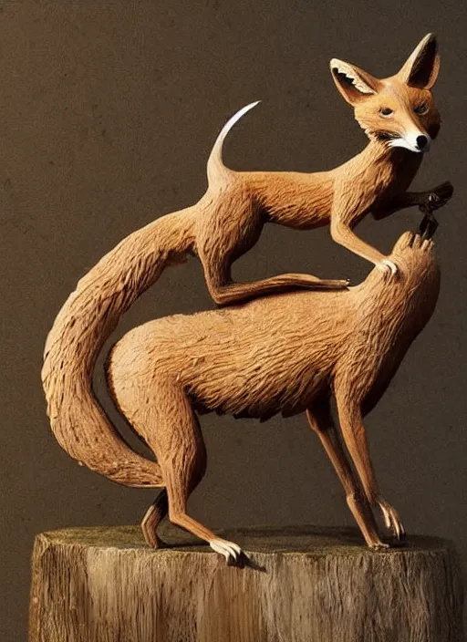 Image similar to sculpture of rat mating with a fox made of wood, portrait, female, future, wood, tree, harper's bazaar, vogue, magazine, insanely detailed and intricate, concept art, close up, ornate, luxury, elite, elegant, trending on artstation, by ruan jia, by Kenneth Willardt, by ross tran, by WLOP, by Andrei Riabovitchev,