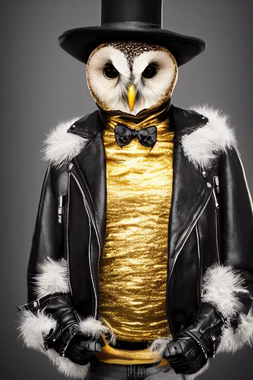 Prompt: cute owl wearing black biker jacket, portrait photo, backlit, studio photo, background colorful, tophat, golden hour