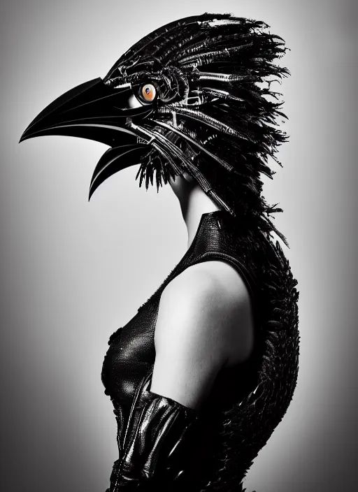 Image similar to a profile portrait, a stunning young woman - cyborg with a mutant crow head, editorial photography, bw, by roman sustov, by hr giger, shot on 7 0 mm, depth of field, f / 2. 8, high contrast, 1 6 k, volumetric lighting, shiny, insanely detailed and intricate, hypermaximalist, elegant, ornate