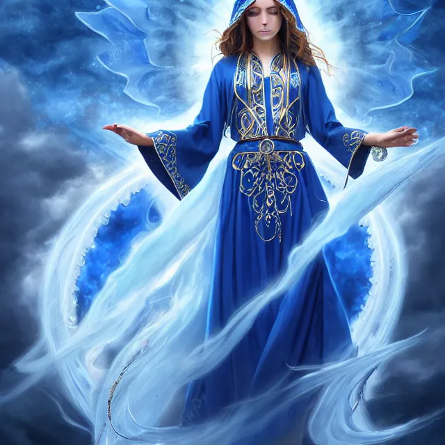 Image similar to beautiful!! elemental sky witch with intricate ornate blue and white robes and water powers artgerm anne stokes highly detailed 8 k hdr smooth sharp focus high resolution award - winning photo photorealistic