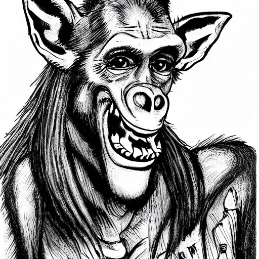 Image similar to a Pop Wonder scary horror themed goofy-hilarious-character-monkey-giraffe-man, dime-store-comic drawn with charcoal and pen and ink, half-tone-line-stacking