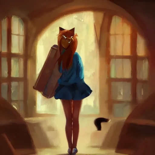 Prompt: Girl with cat ears studying from a textbook, expressive oil painting, matte art, digital art, trending on artstation, anime style, beautiful lightning, atmospheric