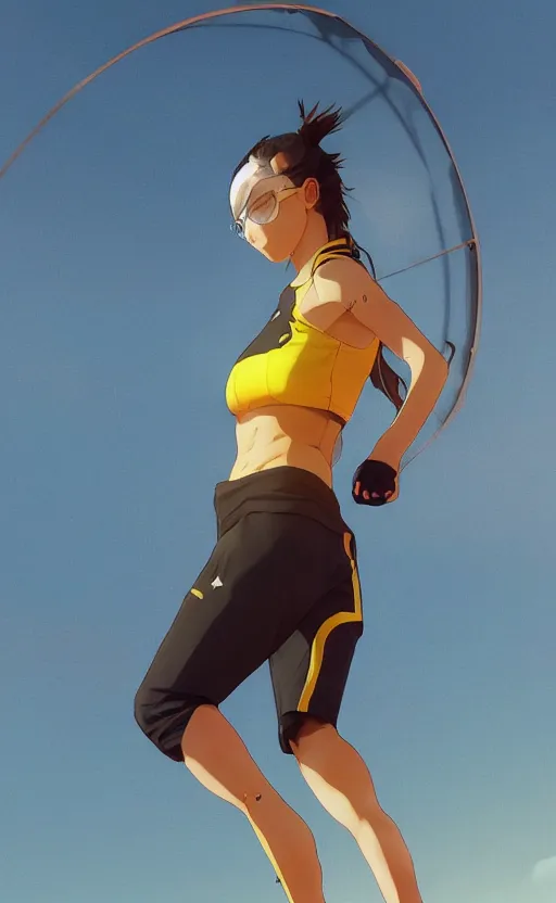 Prompt: manga style, realistic lighting, realistic anatomy, solid colors, made by ilya kuvshinov and and greg rutkowski, safebooru, from arknights, portrait of female beach volley player, standing pose, futuristic yellow lens, sport clothing, simple background