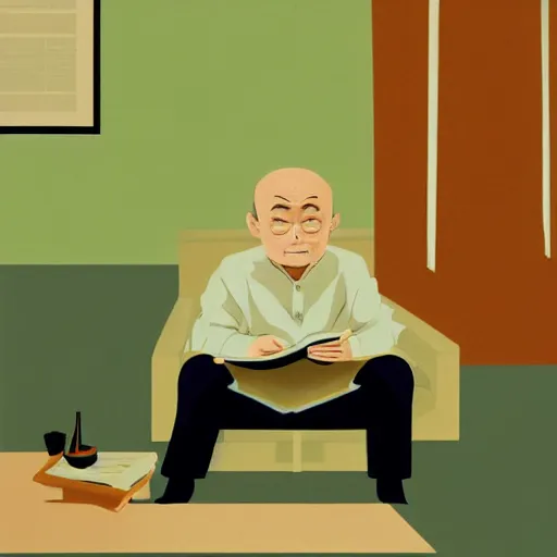 Image similar to old balding japanese man with white shirt, sitting on a chair and reading newspaper while looking at the ceiling of his room with contrastic green lighting by fujita goro, atey ghailan, tom whalen