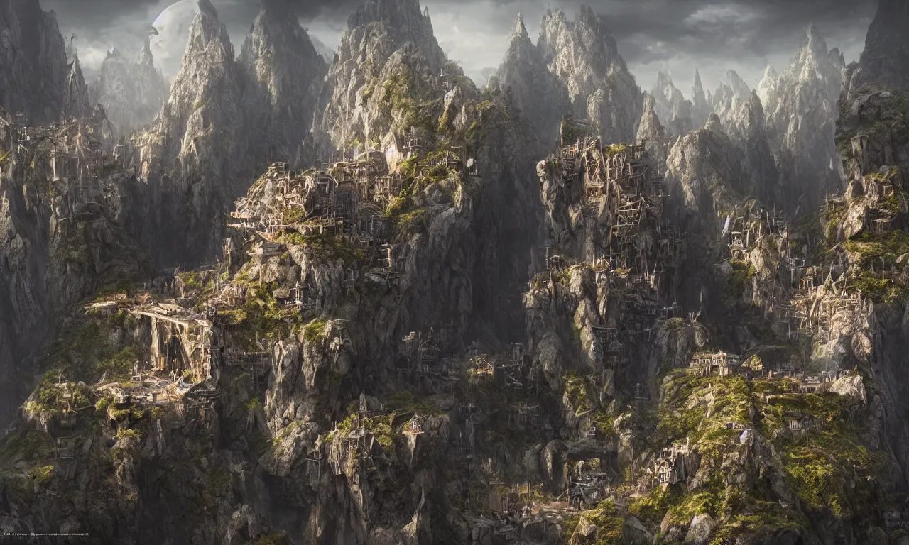 Image similar to by nadezda and david stoupakis, visually stunning, cinematic, ultra realistic, hyper realism, 1 2 k, epic, octane render, unreal engine, vfx, maya, a dwarf - city built into a mountain