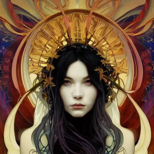 Image similar to A portrait of A beautiful!!!! angel in black flames by Ross Tran!! and alphonse mucha and greg rutkowski and Zdzisław Beksiński!!,In style of digital art illustration.Symmetry.Beautiful features.Fantasy,darksouls,elden ring,smooth,hyper detailed,sharp focus,Soft light.trending on artstation.4k